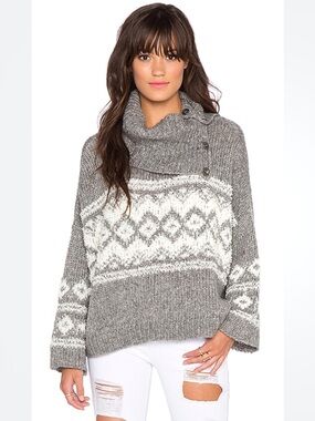 Free People Charcoal & Ivory Fair Isle Split Neck Oversized Wool Blend Pullover
